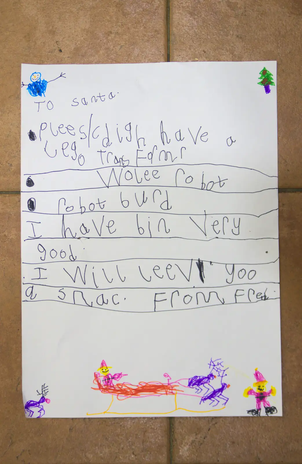 Fred's phonics Santa letter, with 'robot burd', from The Lorry-Eating Pavement of Diss, Norfolk - 3rd December