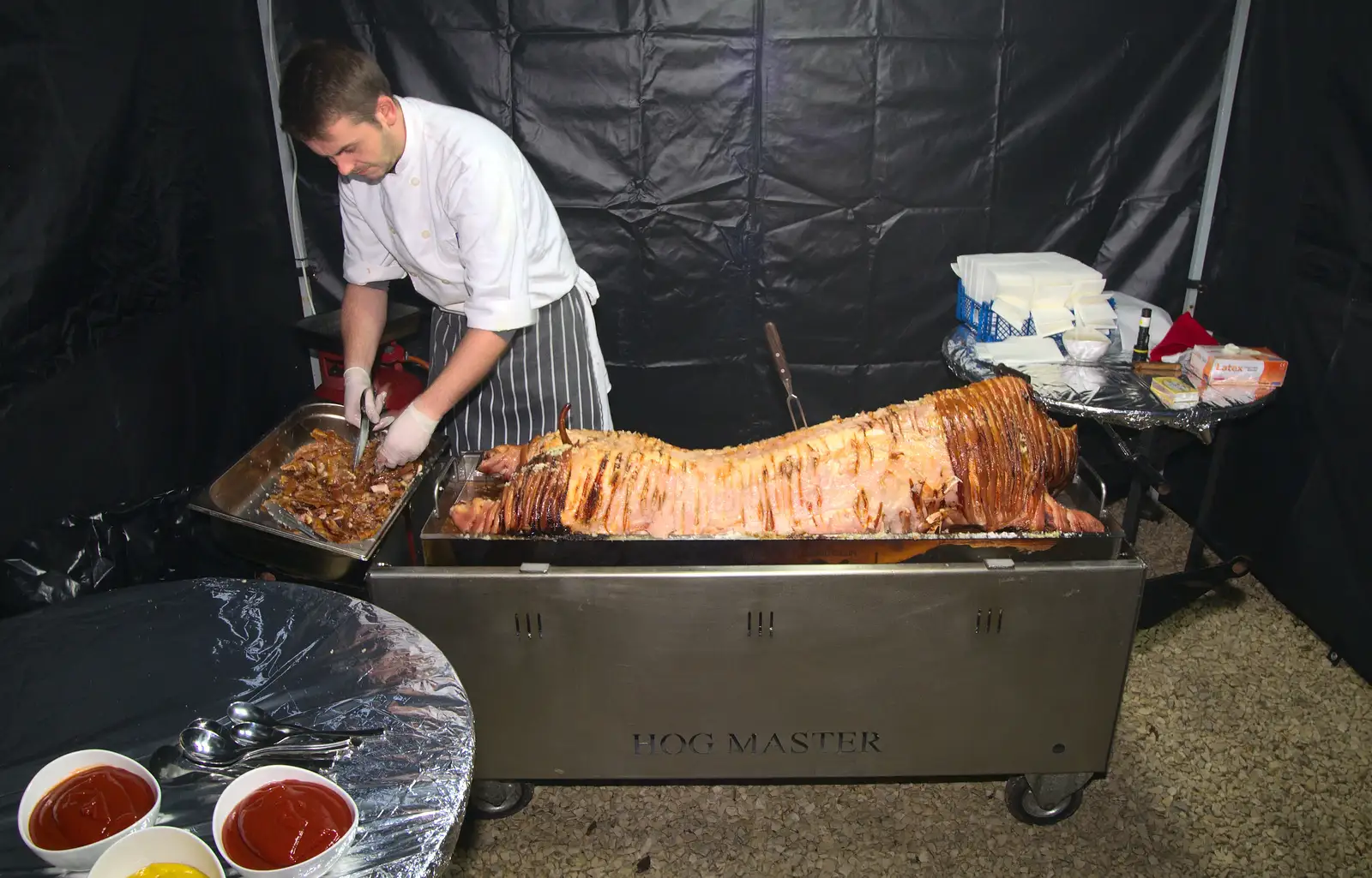 The hog is ready, from Rick Wakeman, Ian Lavender and the Christmas lights, The Oaksmere, Suffolk - 4th December 2014