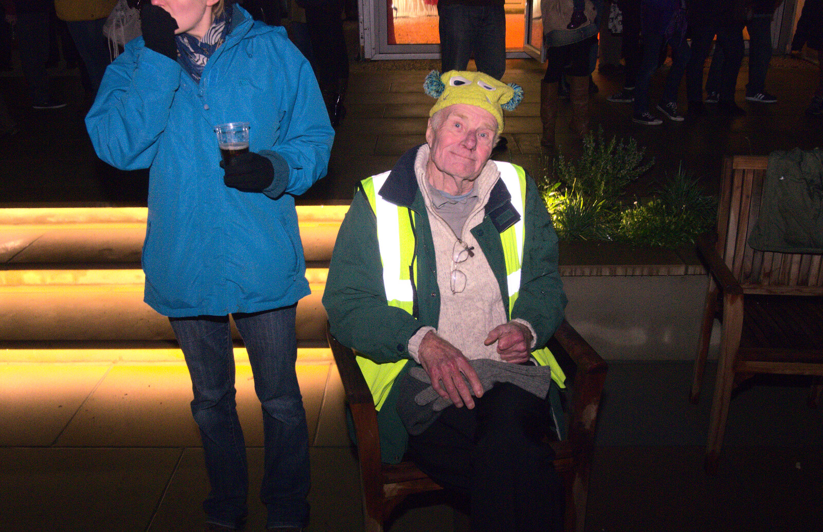 Grandad sticks Harry's hat on from Rick Wakeman, Ian Lavender and the Christmas lights, The Oaksmere, Suffolk - 4th December 2014