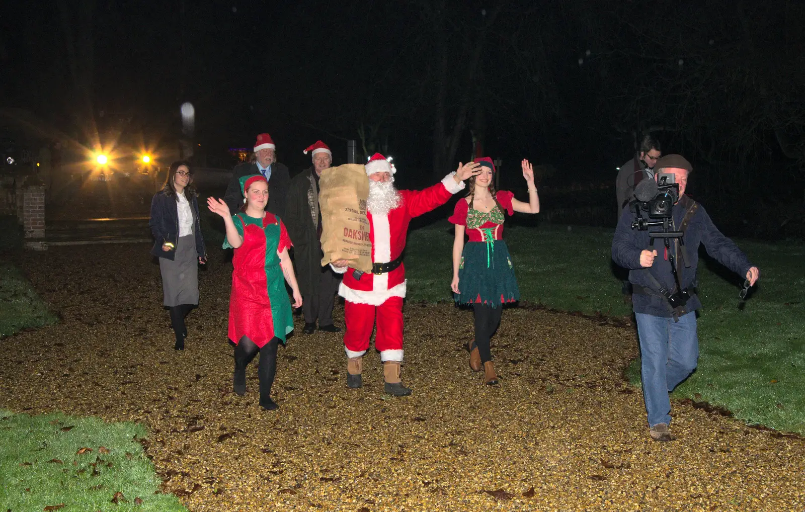 Santa walks up the path, from Rick Wakeman, Ian Lavender and the Christmas lights, The Oaksmere, Suffolk - 4th December 2014