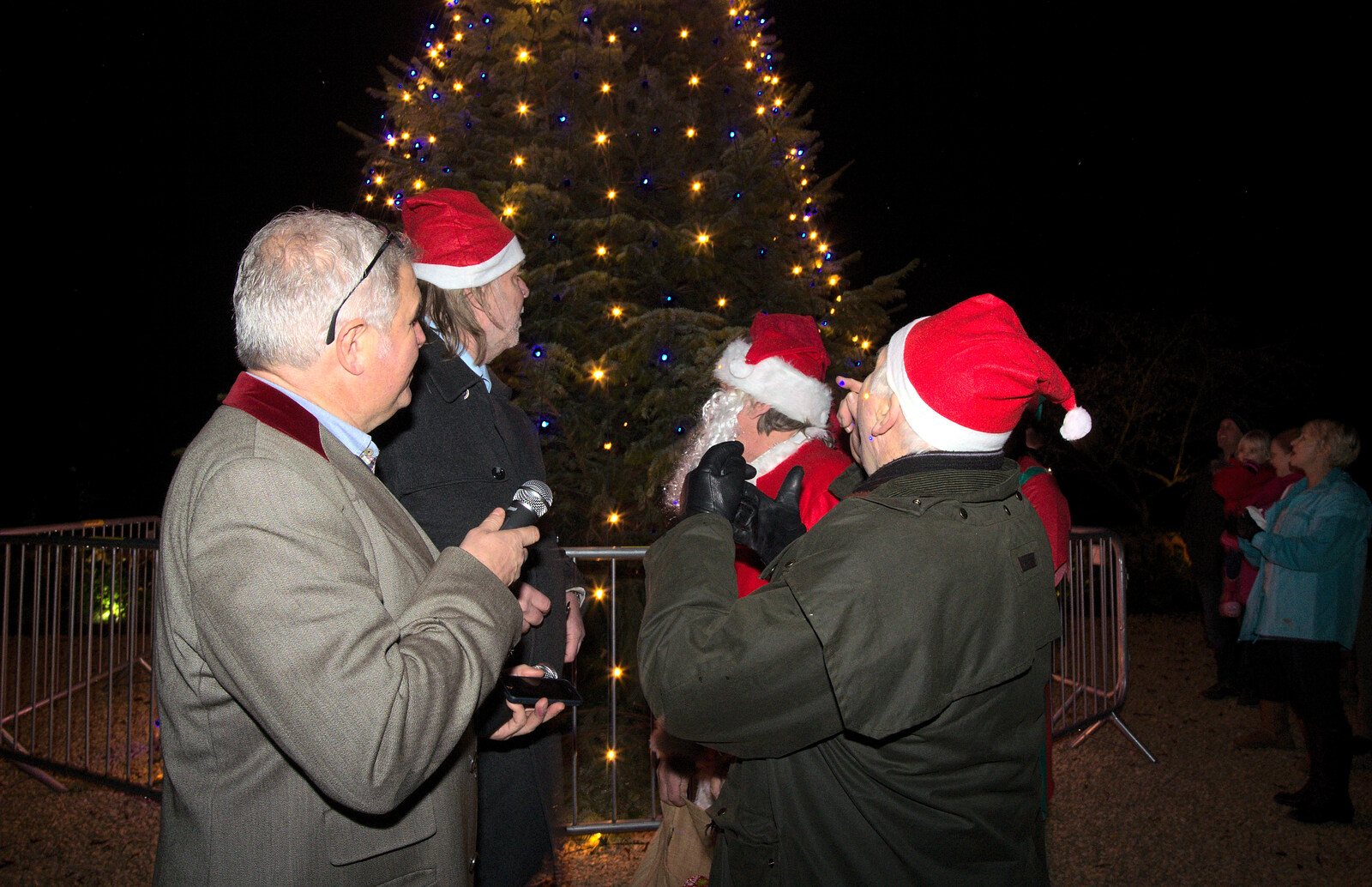 The tree lights up from Rick Wakeman, Ian Lavender and the Christmas lights, The Oaksmere, Suffolk - 4th December 2014