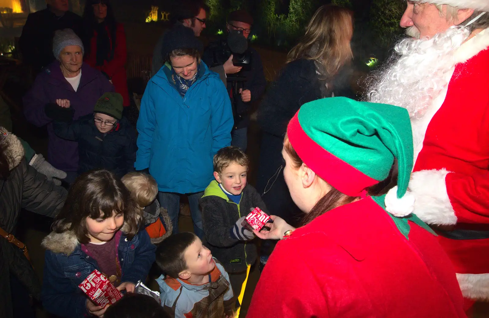 Fred gets a present, from Rick Wakeman, Ian Lavender and the Christmas lights, The Oaksmere, Suffolk - 4th December 2014