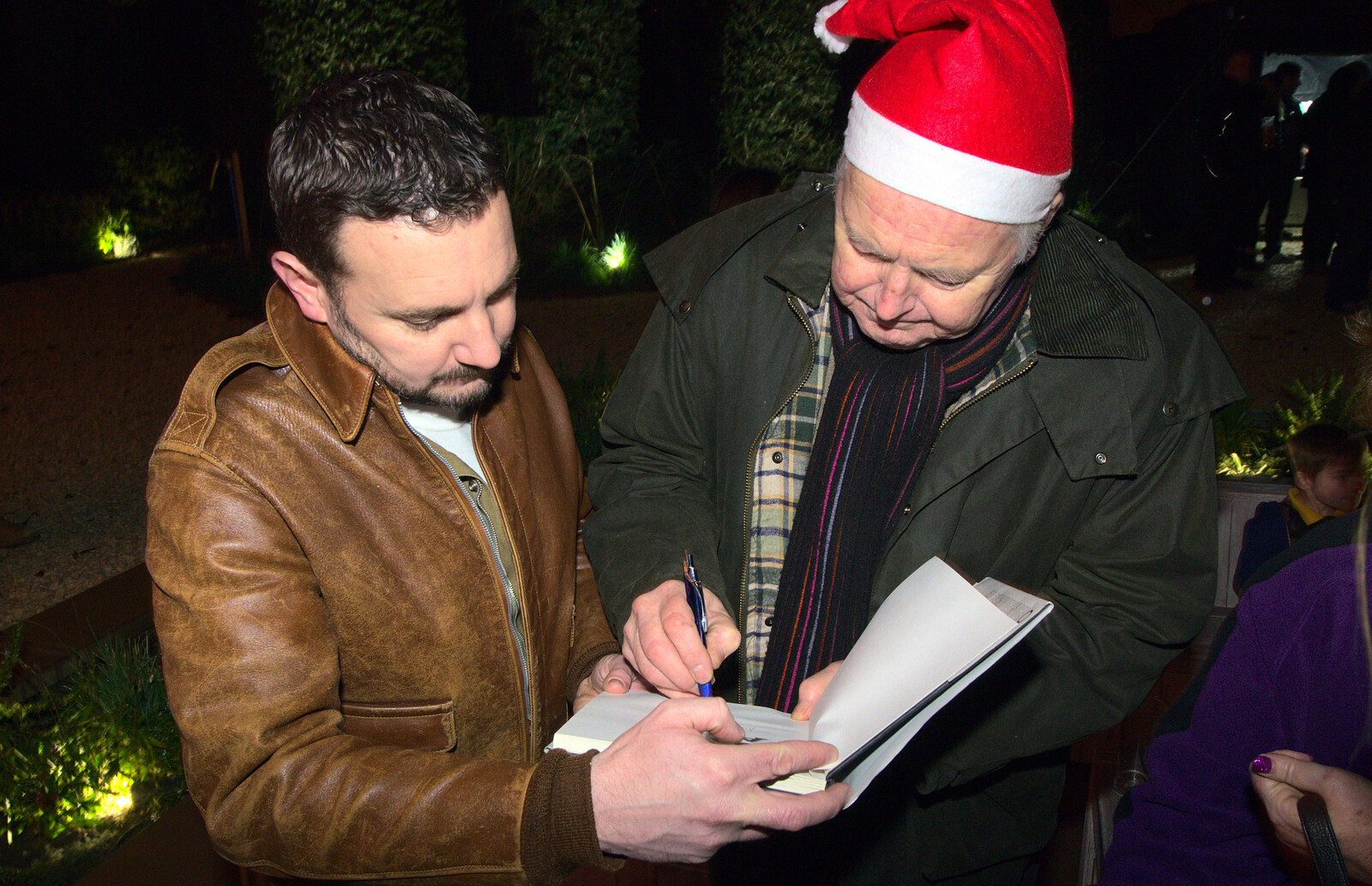 Clive gets a book signed by Ian Lavender from Rick Wakeman, Ian Lavender and the Christmas lights, The Oaksmere, Suffolk - 4th December 2014