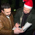 Clive gets a book signed by Ian Lavender, Rick Wakeman, Ian Lavender and the Christmas lights, The Oaksmere, Suffolk - 4th December 2014