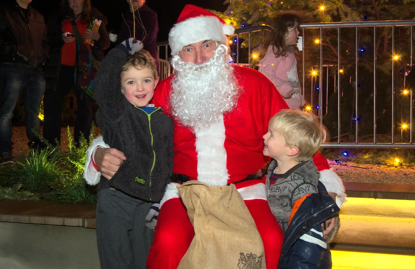 Fred, Santa and Harry. Fred's got twig antlers on, from Rick Wakeman, Ian Lavender and the Christmas lights, The Oaksmere, Suffolk - 4th December 2014