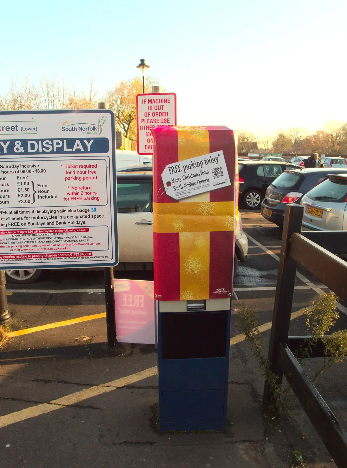 The ticket machine is wrapped up as a gift, from The Eye Lights and a Thorpe Abbots Birthday, Suffolk and Norfolk - 6th December 2014