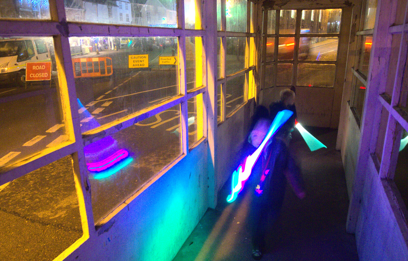 Light sabers in the bus shelter from The Eye Lights and a Thorpe Abbots Birthday, Suffolk and Norfolk - 6th December 2014