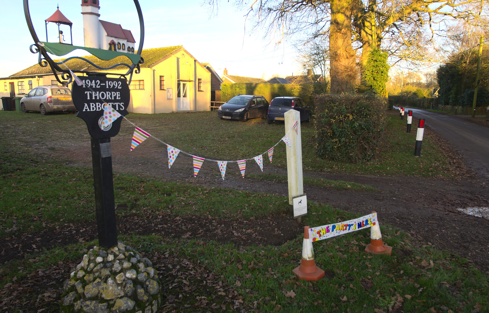 Bunting outside Thorpe Abbots village hall from The Eye Lights and a Thorpe Abbots Birthday, Suffolk and Norfolk - 6th December 2014