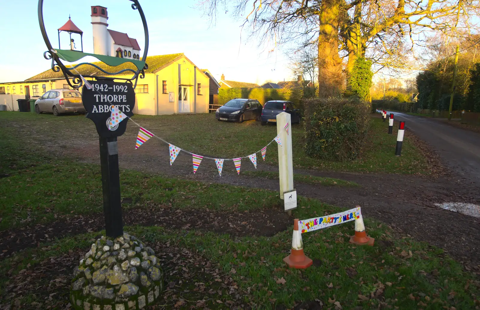 Bunting outside Thorpe Abbots village hall, from The Eye Lights and a Thorpe Abbots Birthday, Suffolk and Norfolk - 6th December 2014