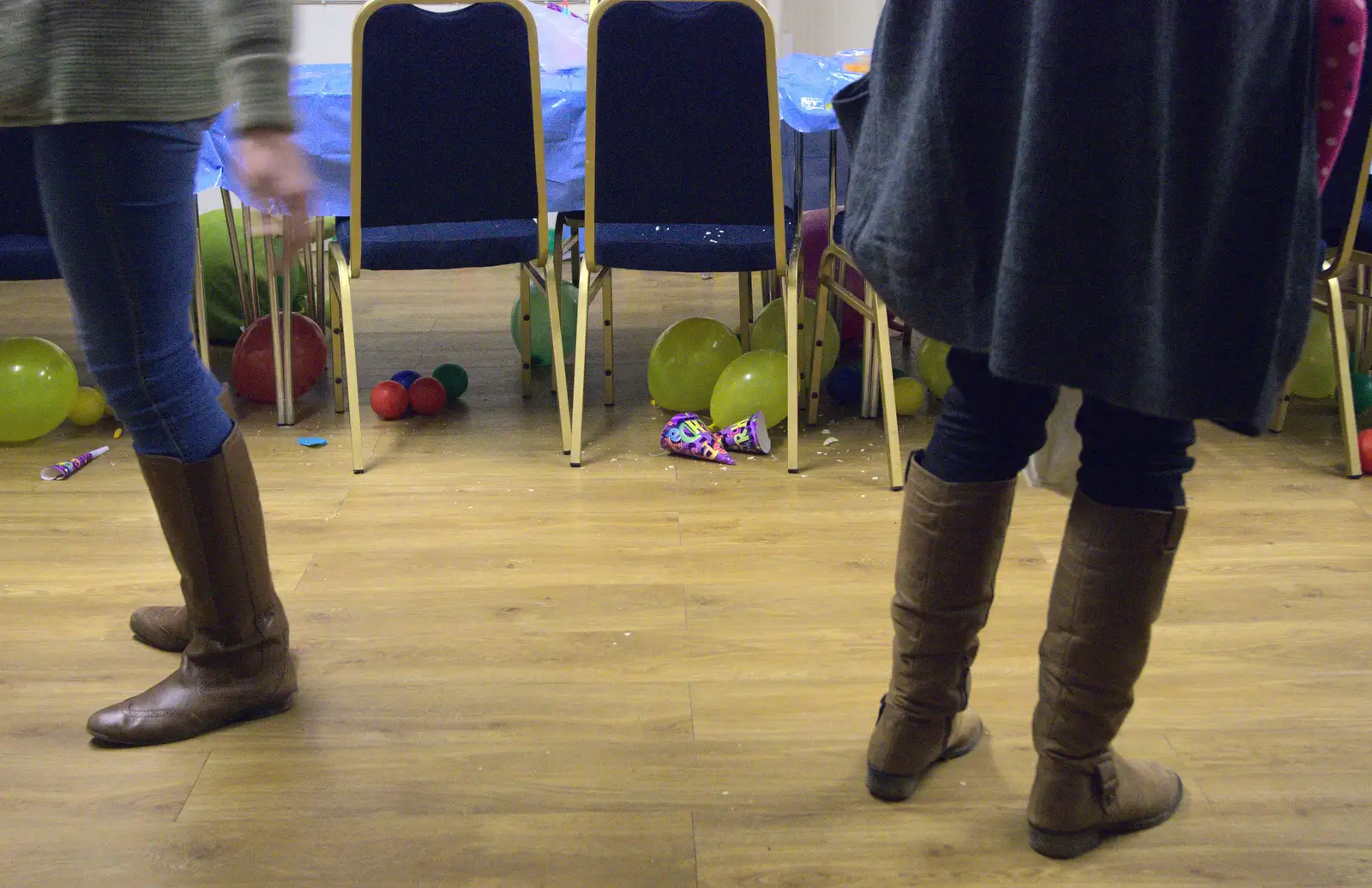 Abandoned party hats and balloons under the tables, from The Eye Lights and a Thorpe Abbots Birthday, Suffolk and Norfolk - 6th December 2014