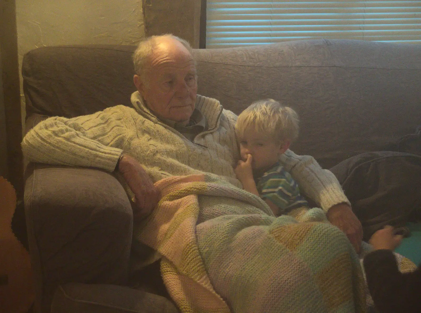 Grandad with Harry on the sofa, from The BSCC Christmas Dinner, The Swan Inn, Brome, Suffolk - 6th December 2014