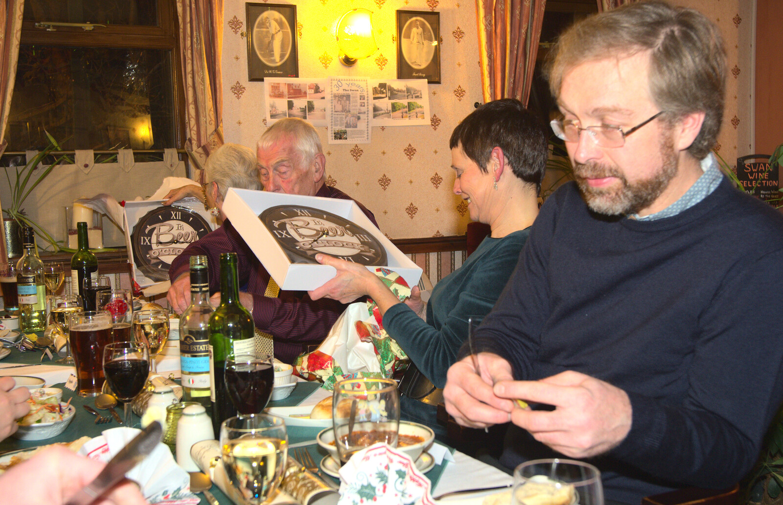 Pippa gets a clock from The BSCC Christmas Dinner, The Swan Inn, Brome, Suffolk - 6th December 2014
