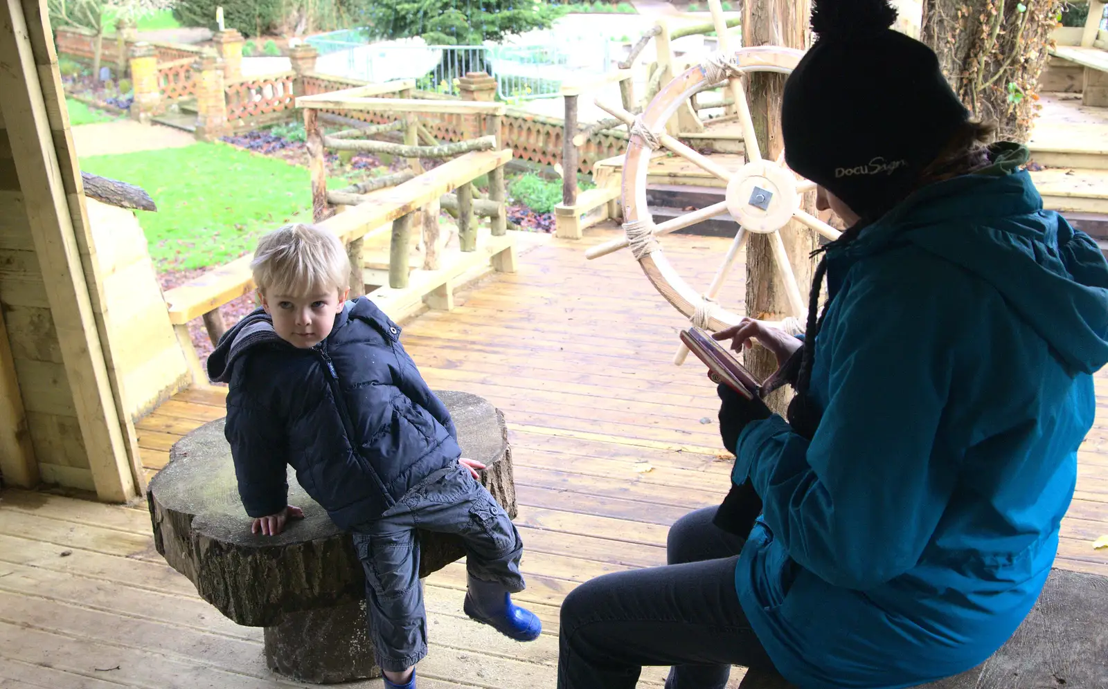 Harry and Isobel hang out on the bridge, from The BSCC Christmas Dinner, The Swan Inn, Brome, Suffolk - 6th December 2014