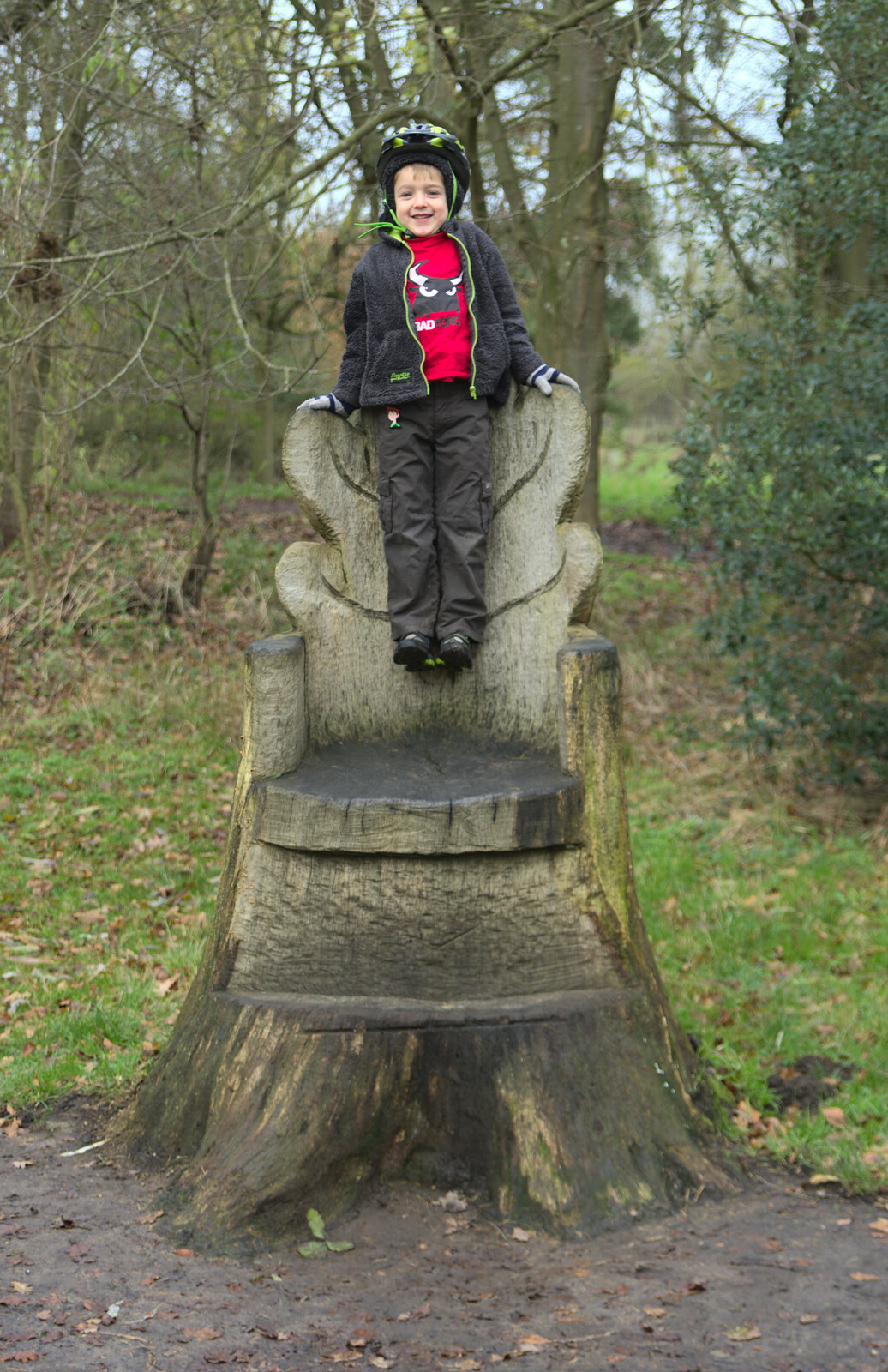 Fred floats in the air on the wooden throne from Cameraphone Randomness and a Thornham Walk, Suffolk - 14th December 2014