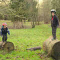 Harry and Fred on logs, Cameraphone Randomness and a Thornham Walk, Suffolk - 14th December 2014