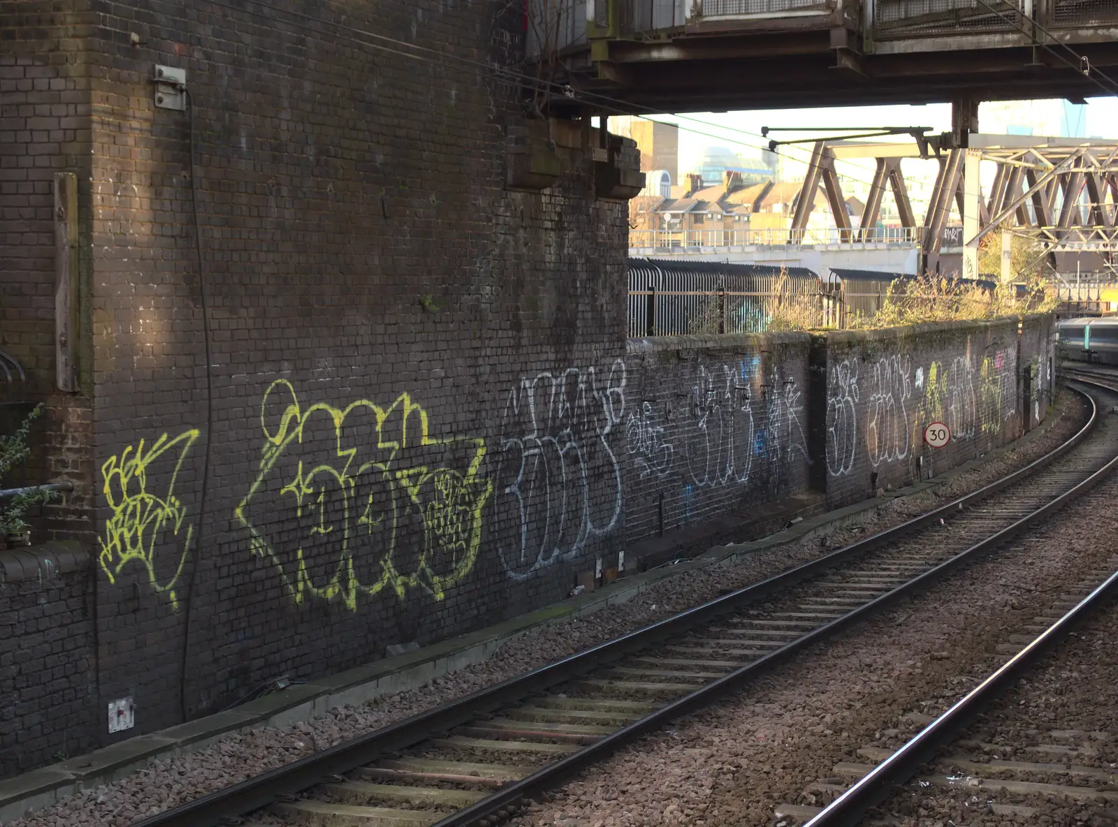 More simple tags on the brick wall by the railway, from SwiftKey Innovation Nights, Westminster, London - 19th December 2014