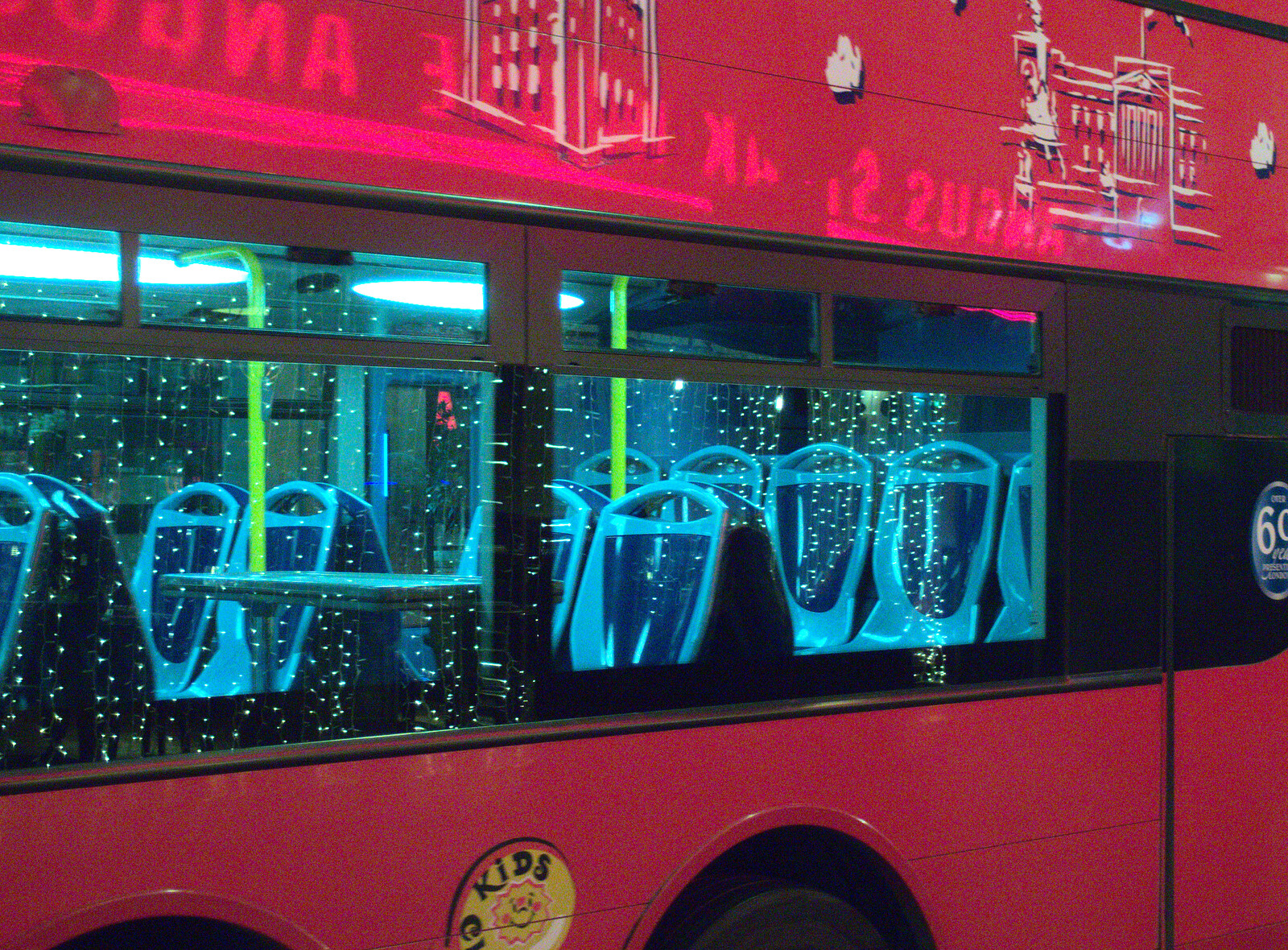 Light strings reflected in a passing bus from SwiftKey Innovation Nights, Westminster, London - 19th December 2014