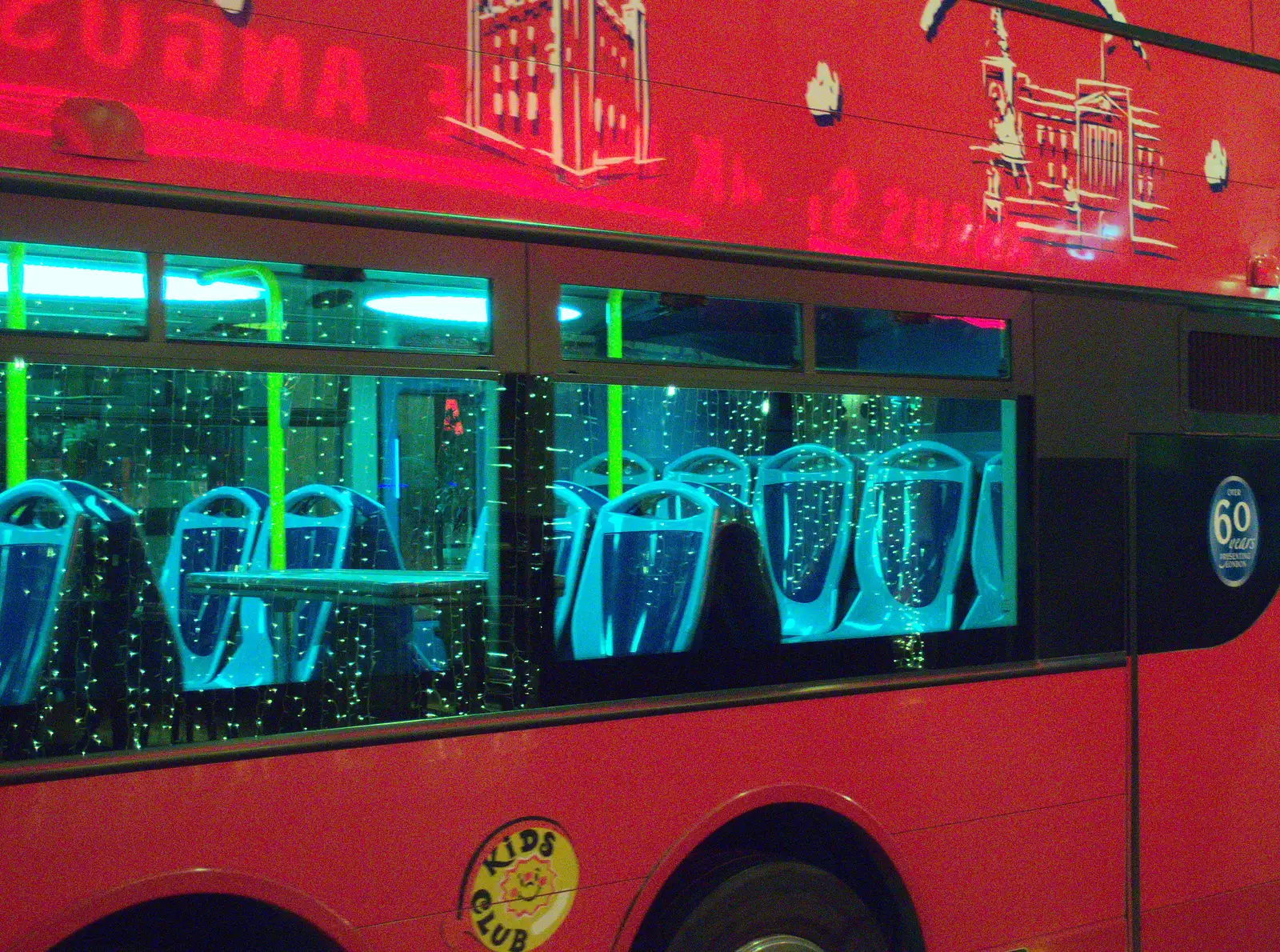 Light strings reflected in a passing bus, from SwiftKey Innovation Nights, Westminster, London - 19th December 2014