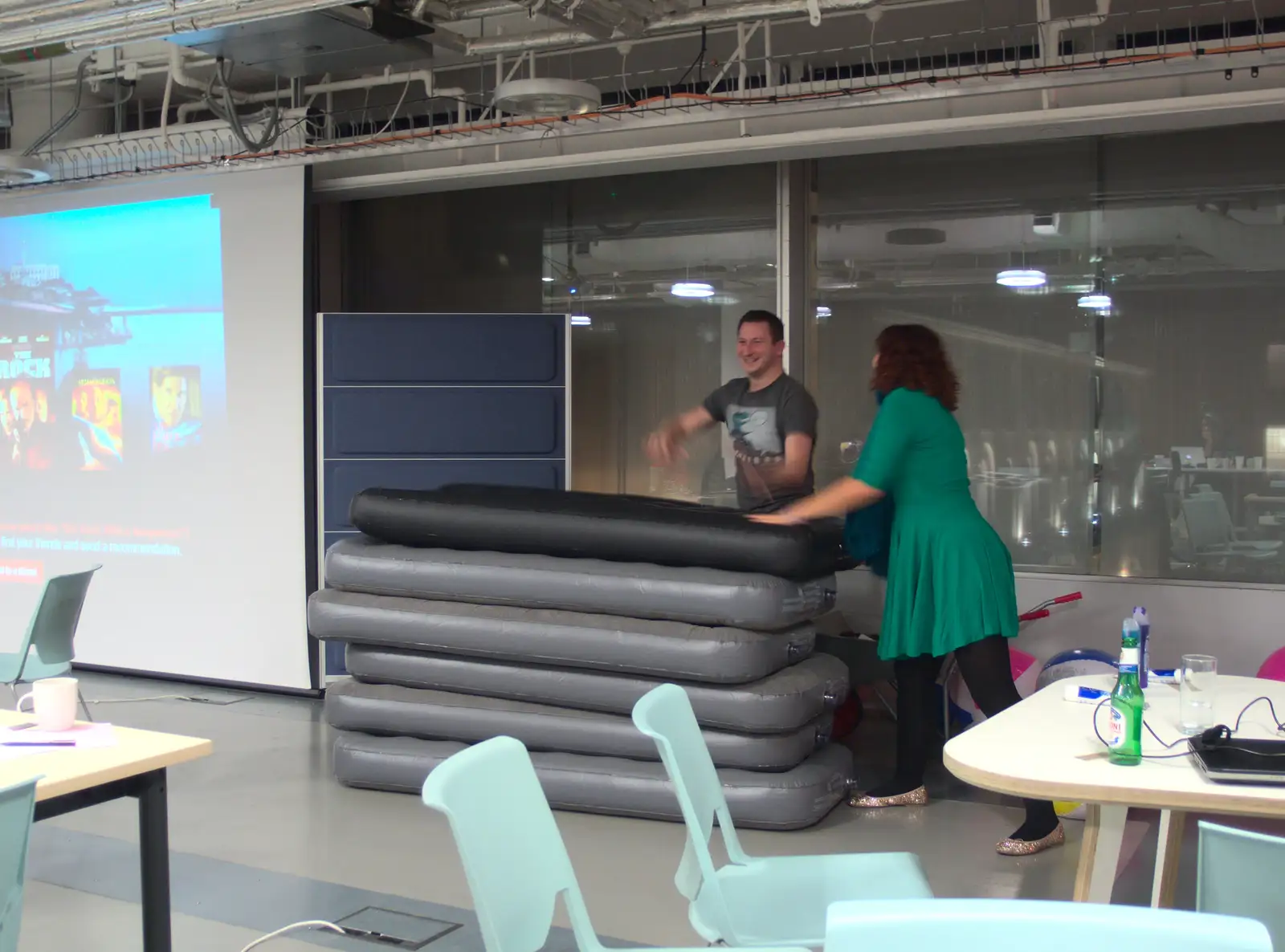 Joe and Charlie pile airbeds up, from SwiftKey Innovation Nights, Westminster, London - 19th December 2014