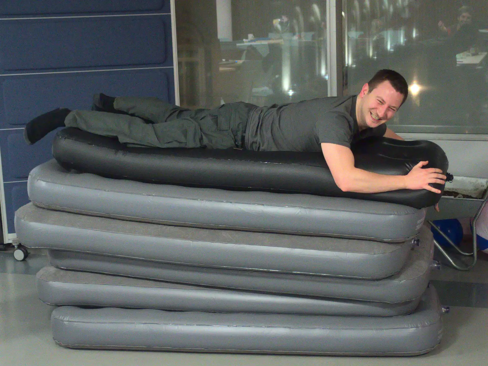 Joe piles on to a heap of air beds, from SwiftKey Innovation Nights, Westminster, London - 19th December 2014