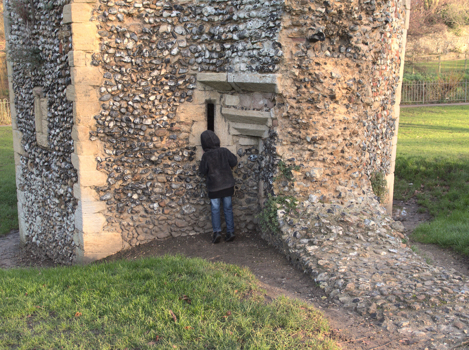 Fred peers into an arrow slit from A Trip to Abbey Gardens, Bury St. Edmunds, Suffolk - 20th December 2014