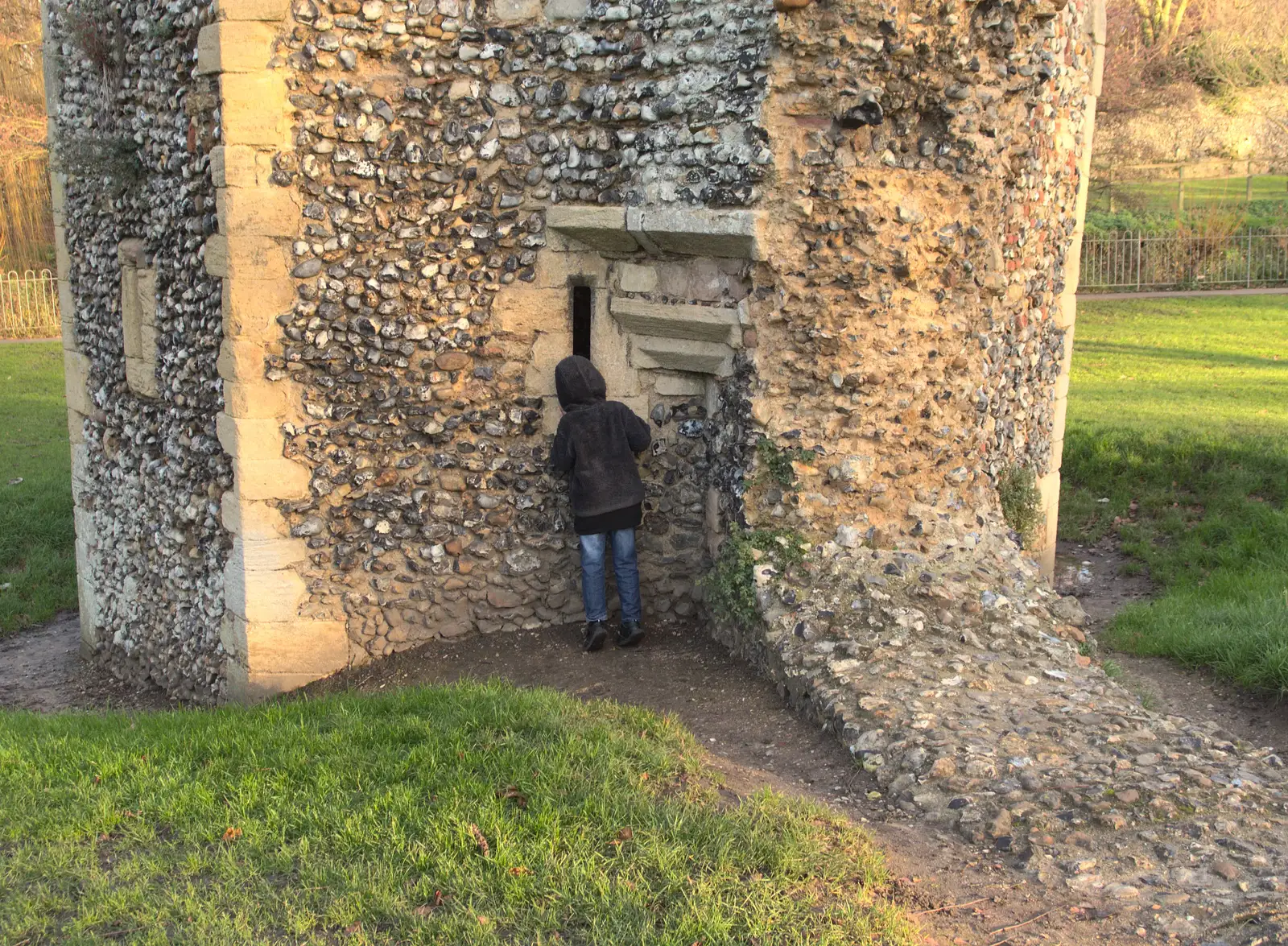 Fred peers into an arrow slit, from A Trip to Abbey Gardens, Bury St. Edmunds, Suffolk - 20th December 2014