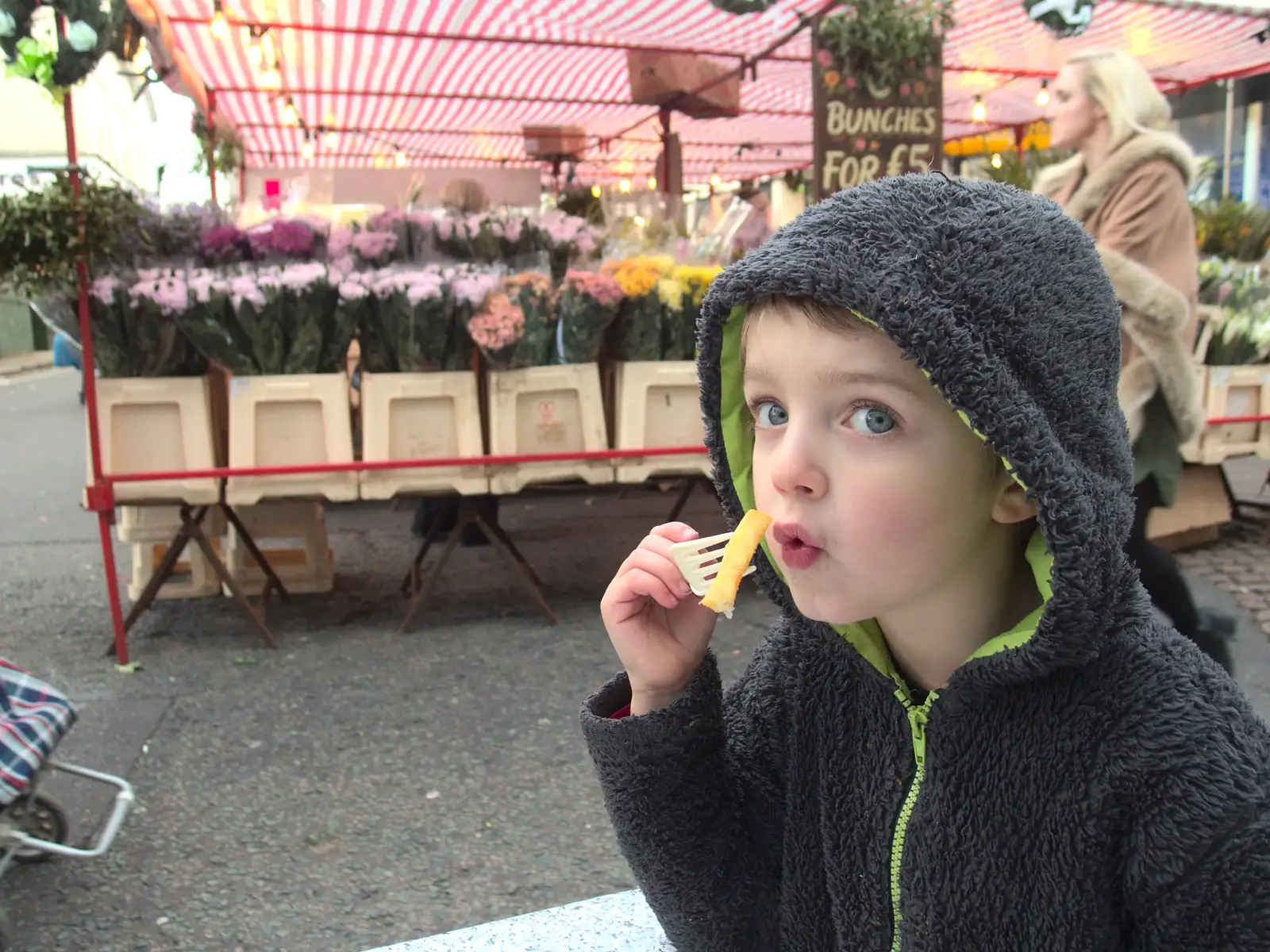 Fred blows on a hot chip, from A Trip to Abbey Gardens, Bury St. Edmunds, Suffolk - 20th December 2014