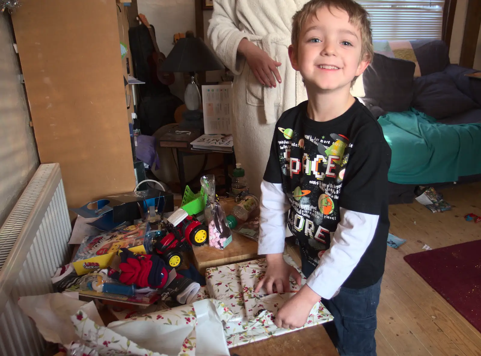 Fred opens a present, from Christmas Day at the Swan Inn, Brome, Suffolk - 25th December 2014