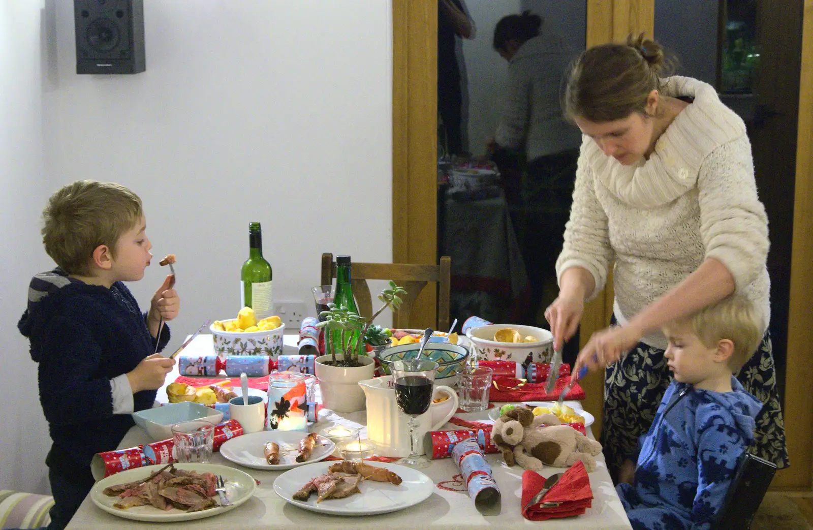 Isobel and the boys have Christmas dinner, from Christmas Day at the Swan Inn, Brome, Suffolk - 25th December 2014