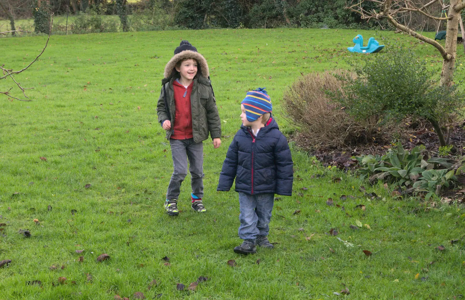 Fred and Harry in Allyson's garden, from Christmas Day at the Swan Inn, Brome, Suffolk - 25th December 2014