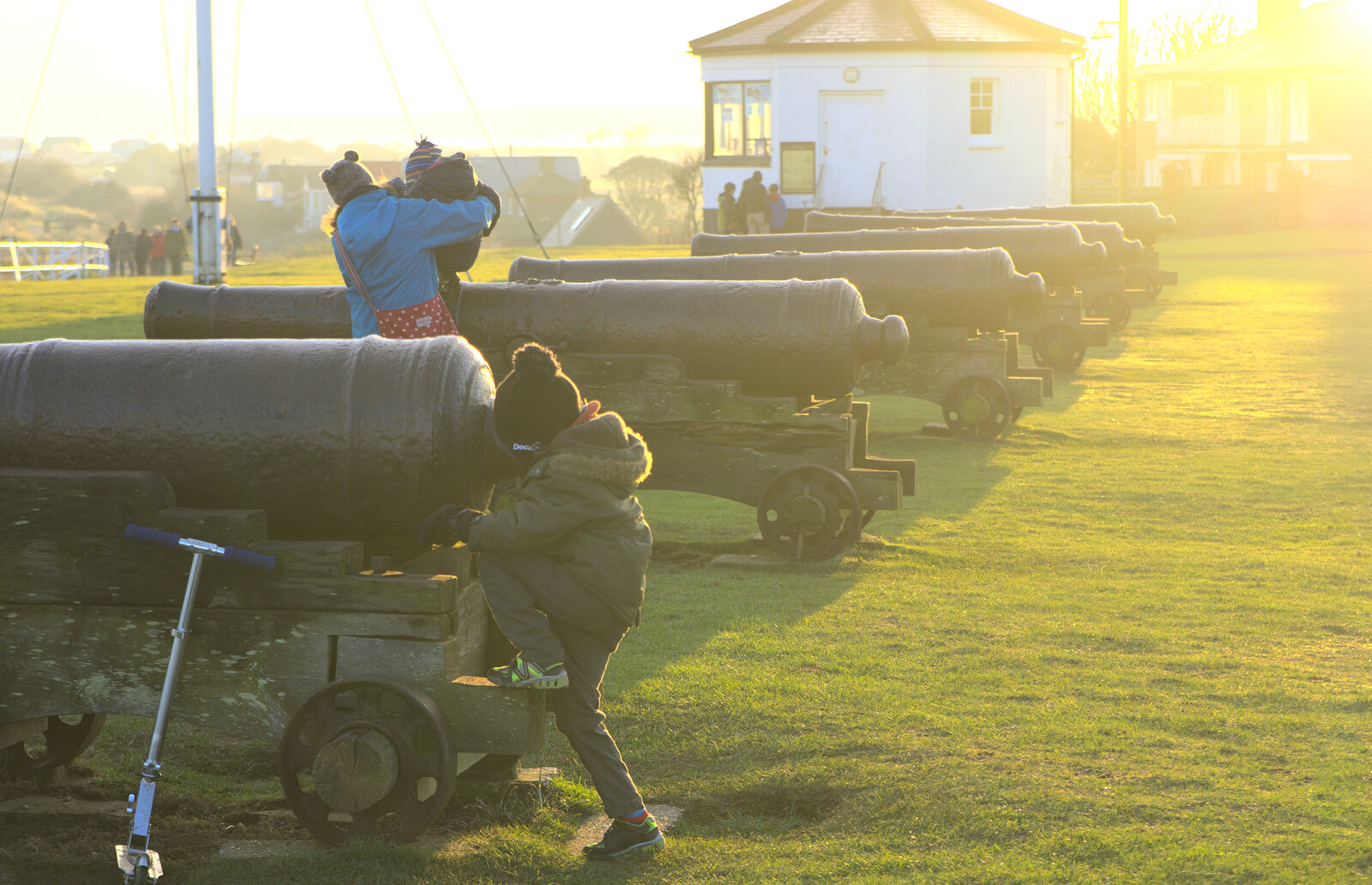 Fred climbs on a cannon from Sunset on the Beach, Southwold, Suffolk - 30th December 2014