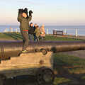 Fred perches on top of a cannon, Sunset on the Beach, Southwold, Suffolk - 30th December 2014