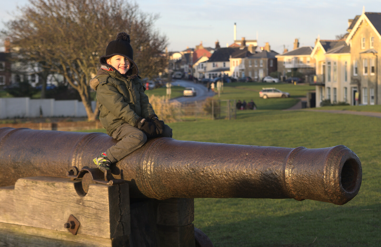 Fred's on a cannon from Sunset on the Beach, Southwold, Suffolk - 30th December 2014