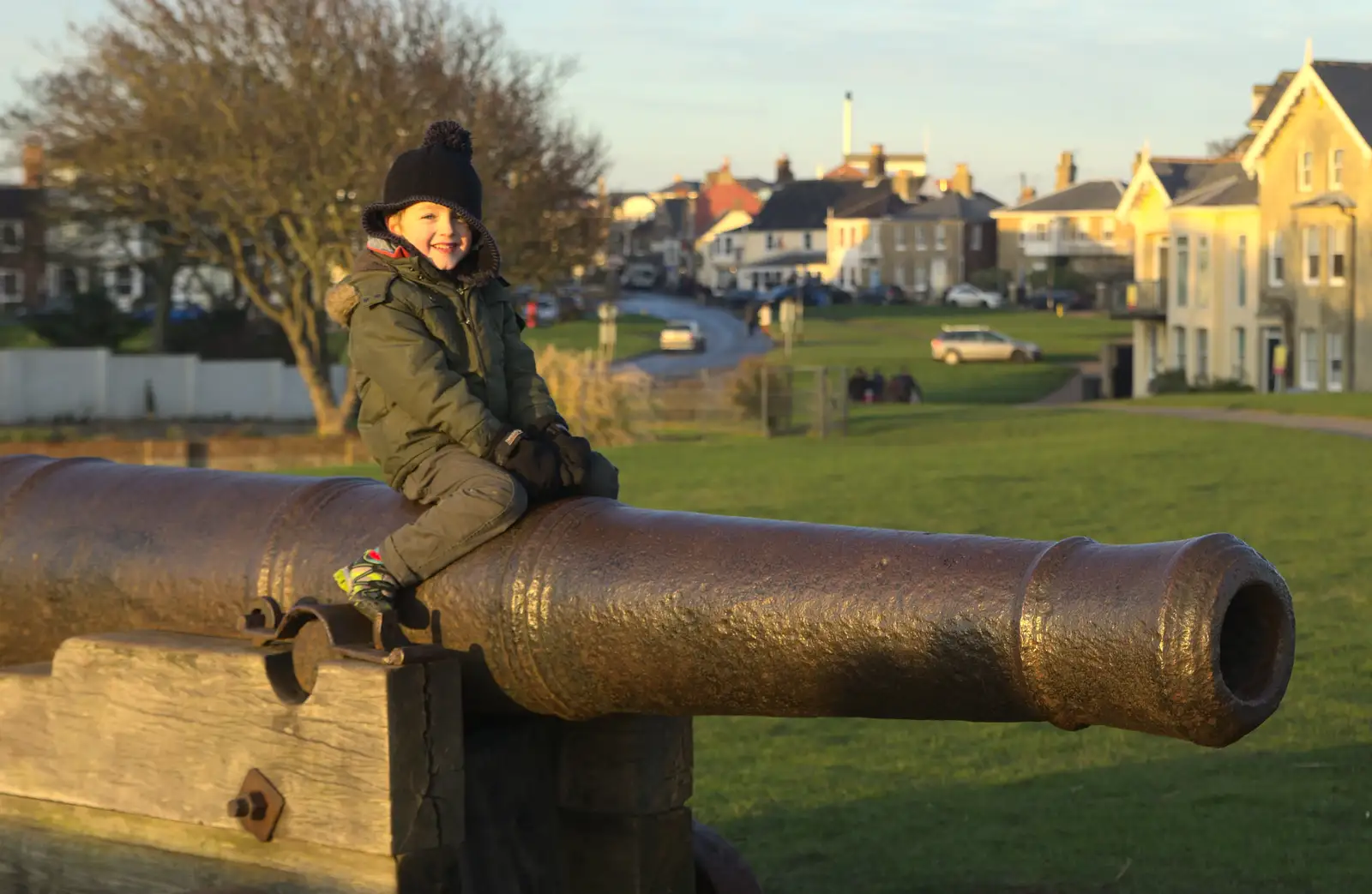 Fred's on a cannon, from Sunset on the Beach, Southwold, Suffolk - 30th December 2014