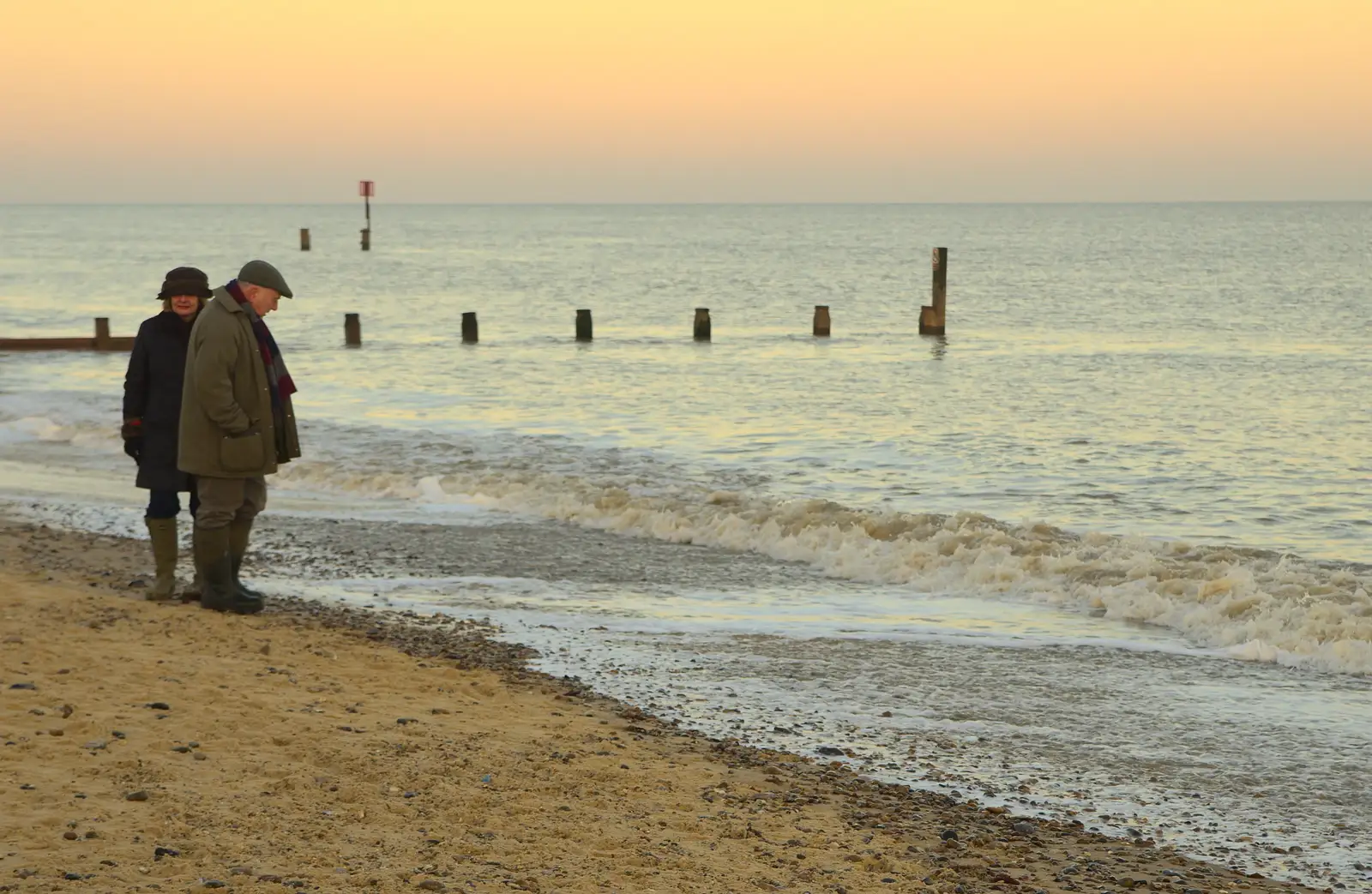 An old couple on the beach, from Sunset on the Beach, Southwold, Suffolk - 30th December 2014