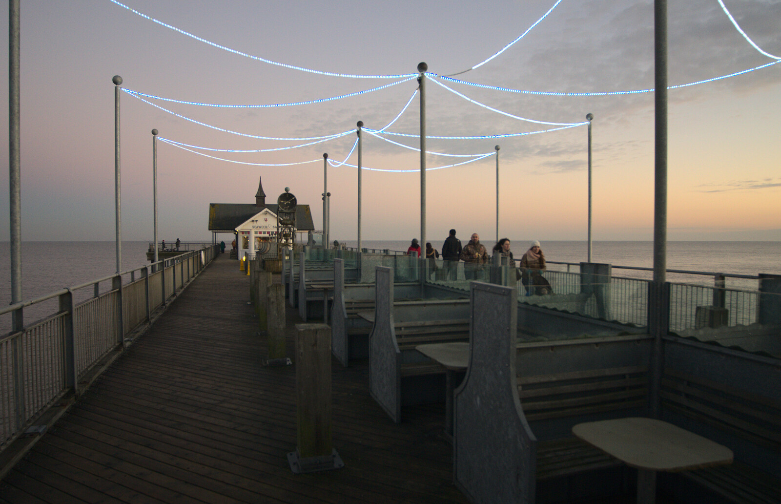 Light-ropes are turned on, on the pier from Sunset on the Beach, Southwold, Suffolk - 30th December 2014