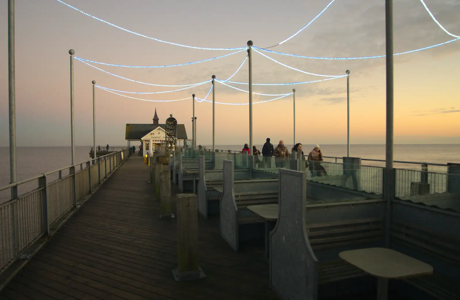 Light-ropes are turned on, on the pier, from Sunset on the Beach, Southwold, Suffolk - 30th December 2014