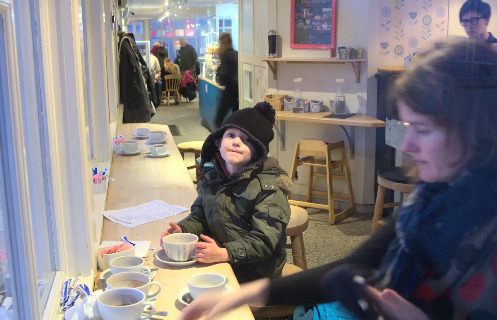 Fred has a hot chocolate, from Sunset on the Beach, Southwold, Suffolk - 30th December 2014