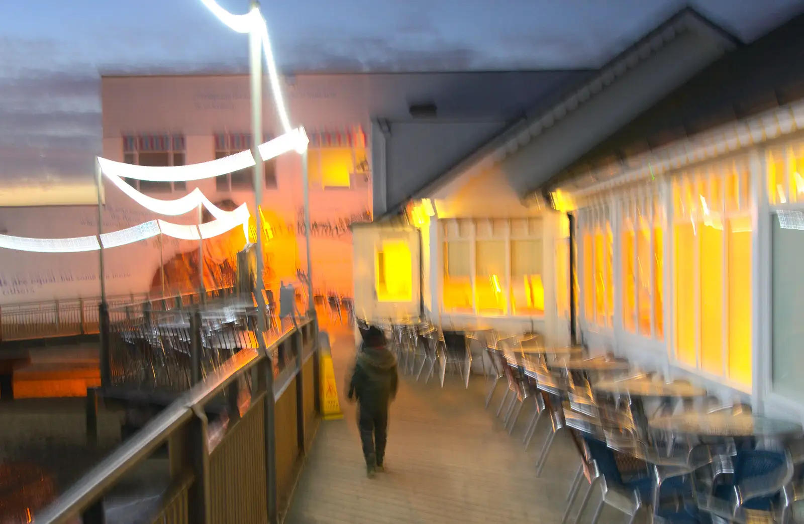 Fred is a blur on the pier, from Sunset on the Beach, Southwold, Suffolk - 30th December 2014