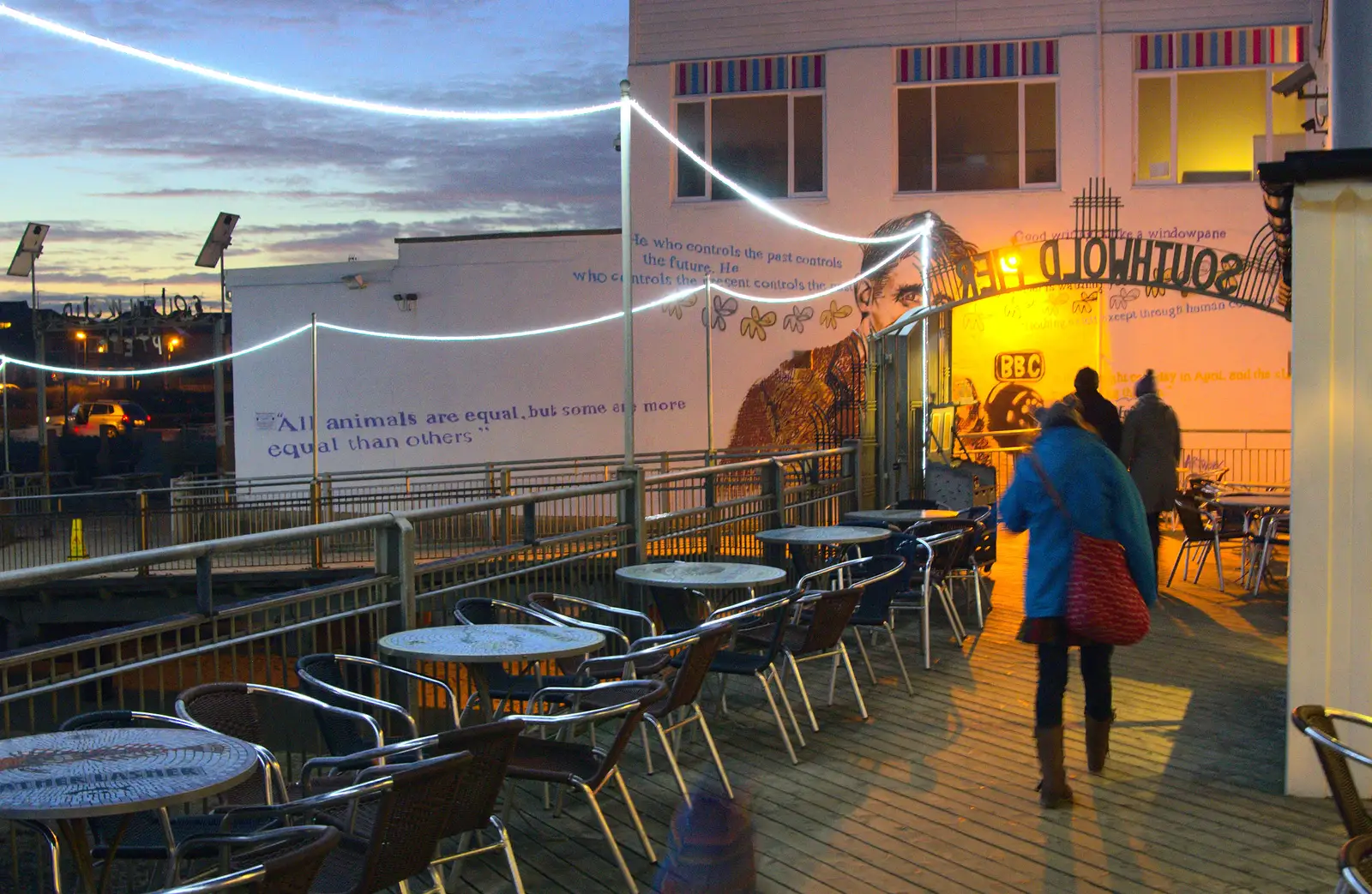 Under the gaze of the new George Orwell mural, from Sunset on the Beach, Southwold, Suffolk - 30th December 2014