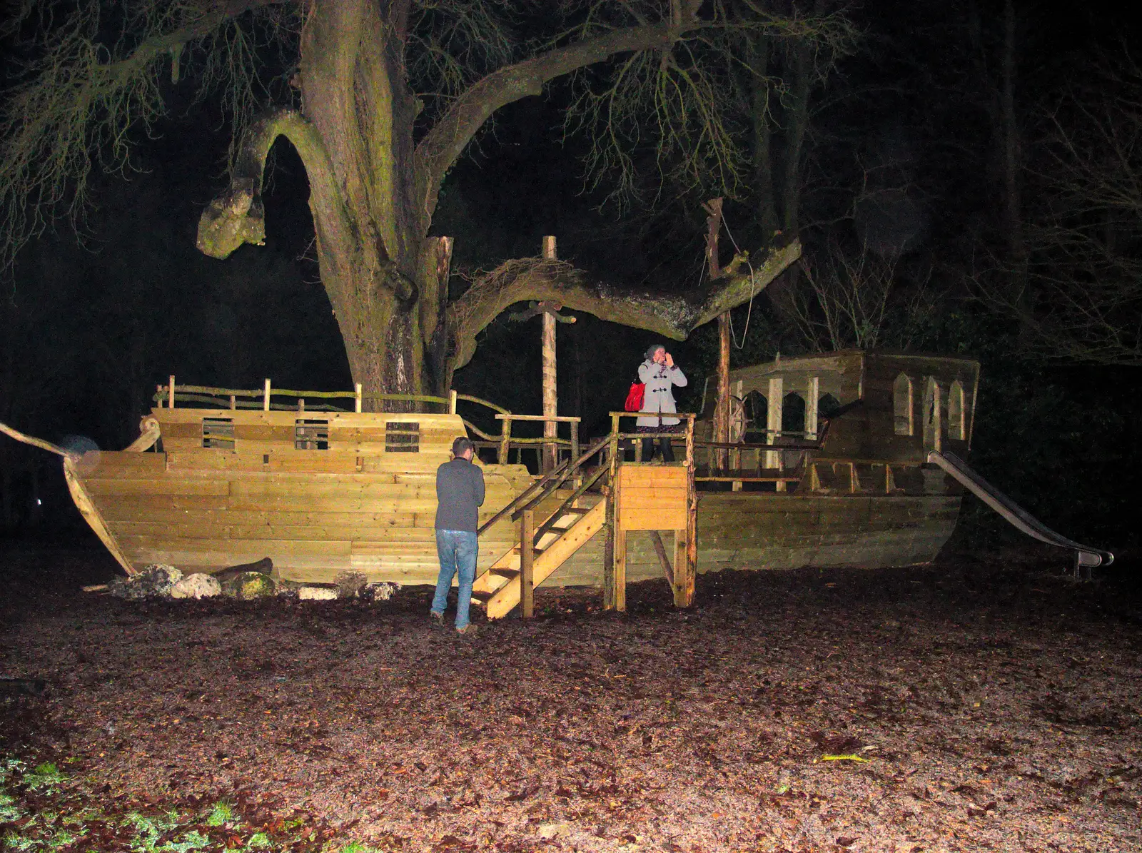 Isobel and The Boy Phil try out the ship, from New Year's Eve at the Oaksmere, Brome, Suffolk - 31st December 2014