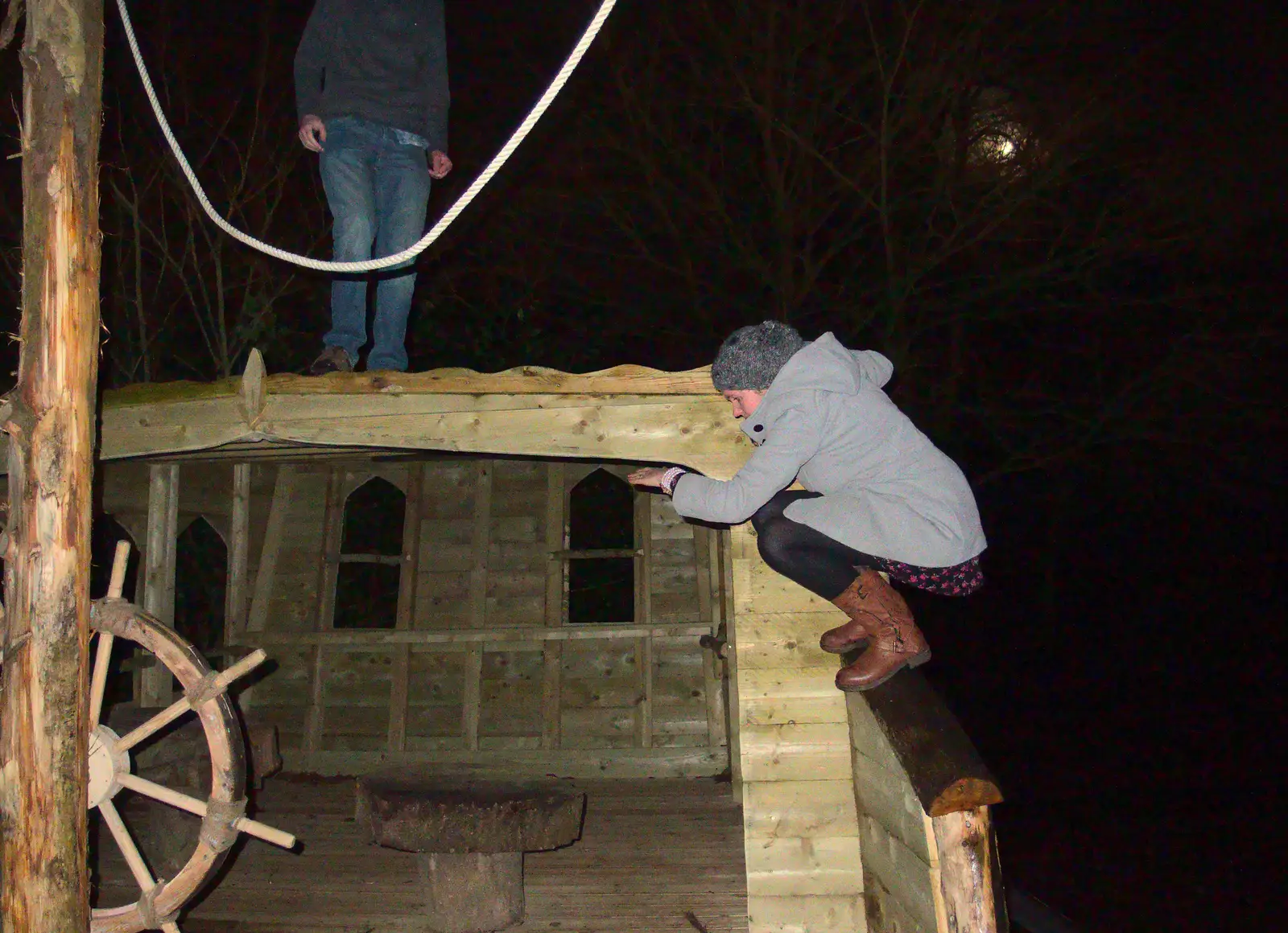 Isobel perches on a banister rail, from New Year's Eve at the Oaksmere, Brome, Suffolk - 31st December 2014