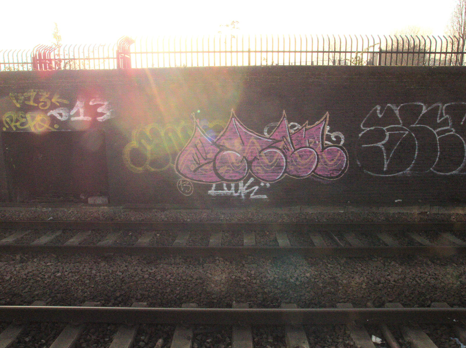 The sun shines on pink graffiti from Fred and the Volcano, Brome, Suffolk - 8th February 2015