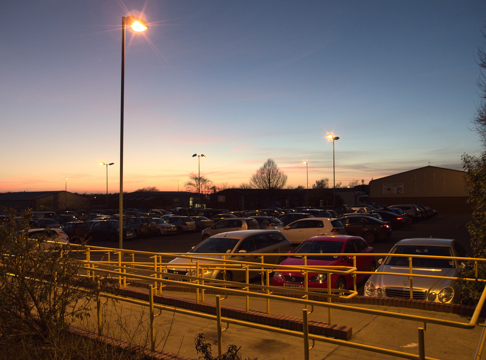 Sunset of the car park at Diss station from Fred and the Volcano, Brome, Suffolk - 8th February 2015