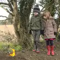 Fred and Soph the Roph look at the fire, Fred and the Volcano, Brome, Suffolk - 8th February 2015