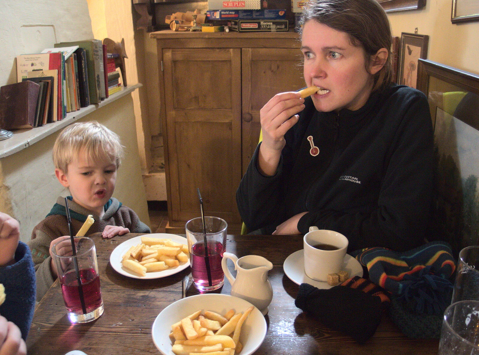 We eat chips for lunch from A Trip to Grandma J's, Spreyton, Devon - 18th February 2015