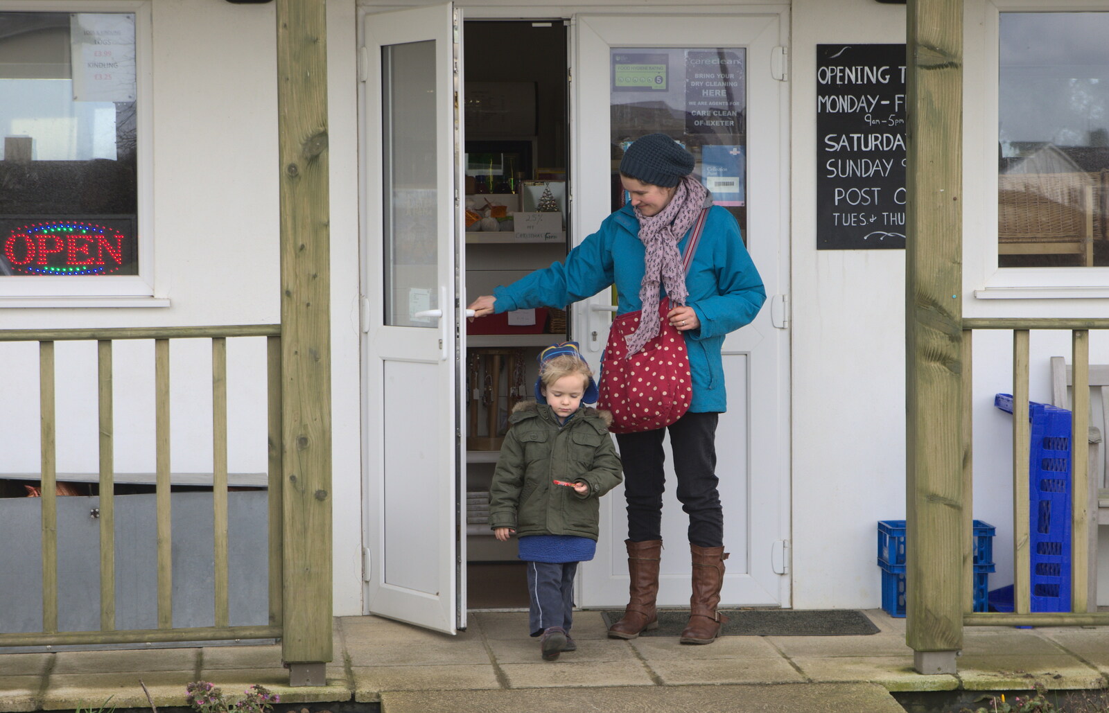 Harry and Isobel exit the shop from A Trip to Grandma J's, Spreyton, Devon - 18th February 2015