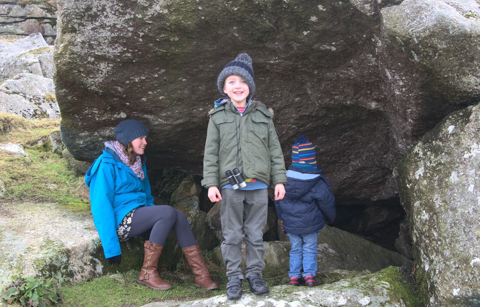 We pause in a small boulder-cave for a few moments from A Trip to Grandma J's, Spreyton, Devon - 18th February 2015