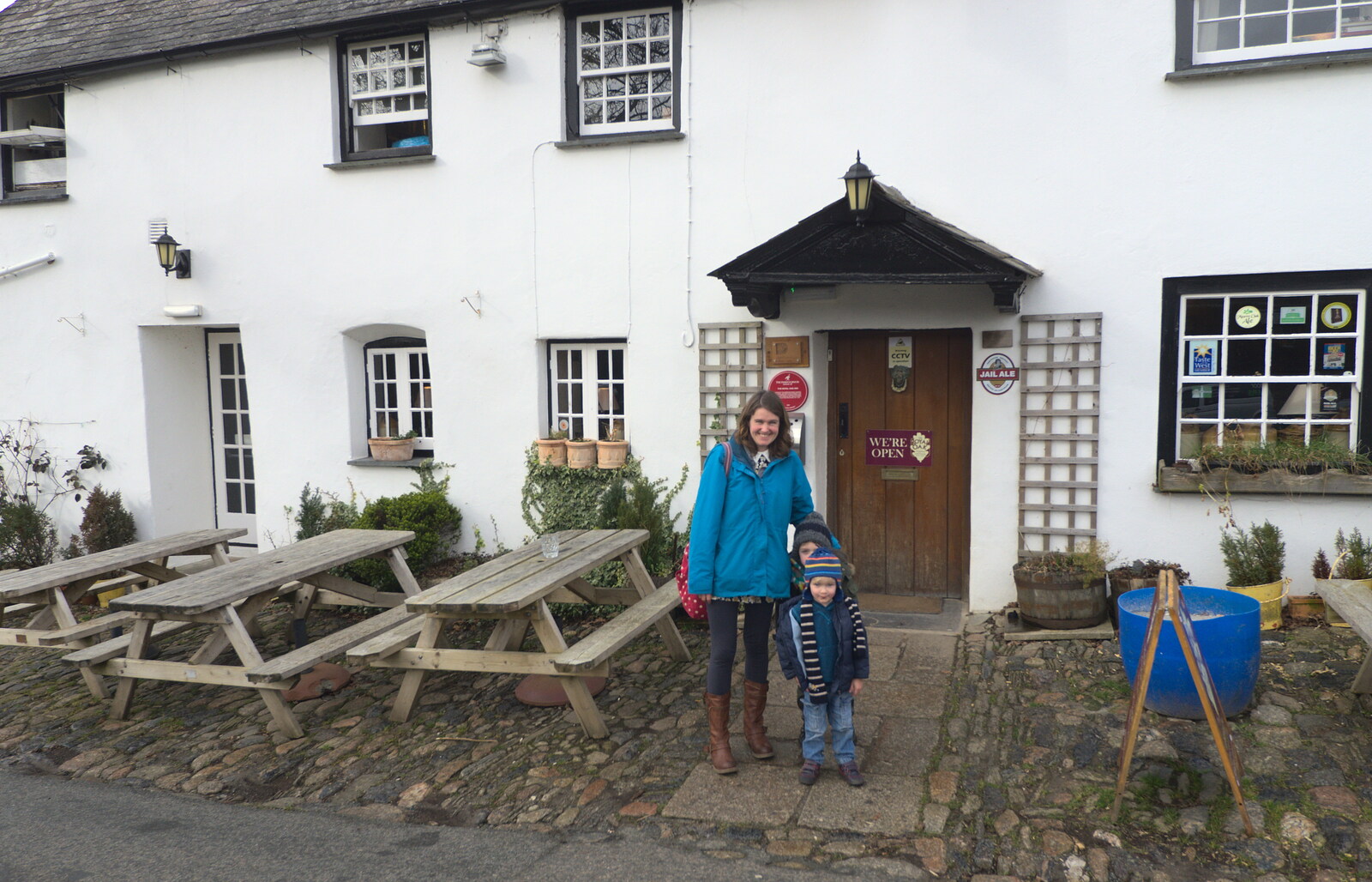 Isobel and The Boys outside the Oak from A Trip to Grandma J's, Spreyton, Devon - 18th February 2015