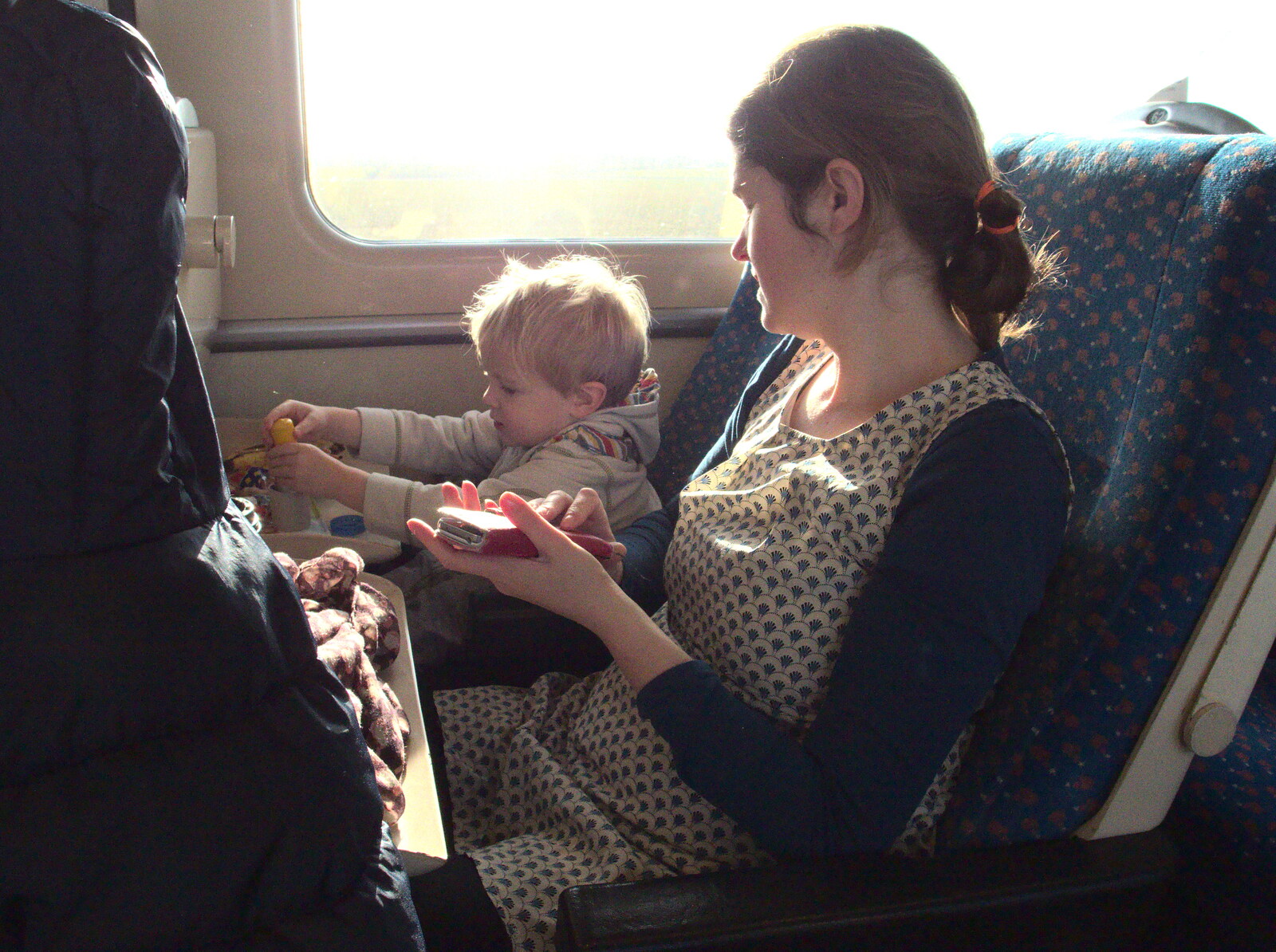 Harry and Isobel on the train from The Mobile Train Office, Diss to London - 5th March 2015